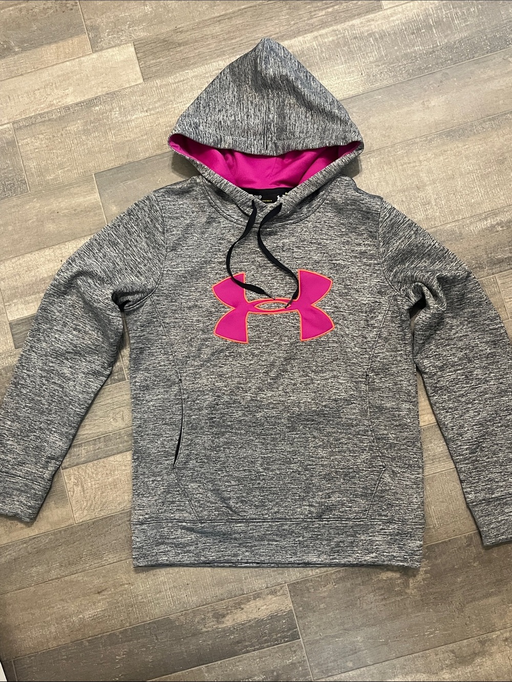 Under Armour Gray Heather Pullover Hoodie with Pink Logo and Lined Hood
